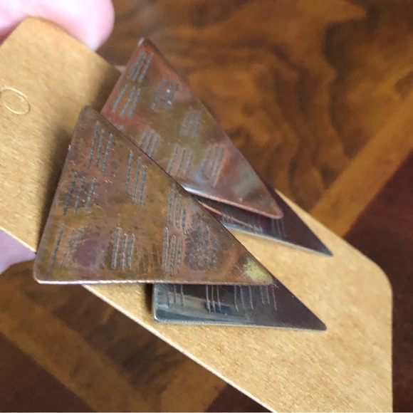 Vintage hand crafted artist copper and sterling silver triangle disc earrings - Picture 12 of 13